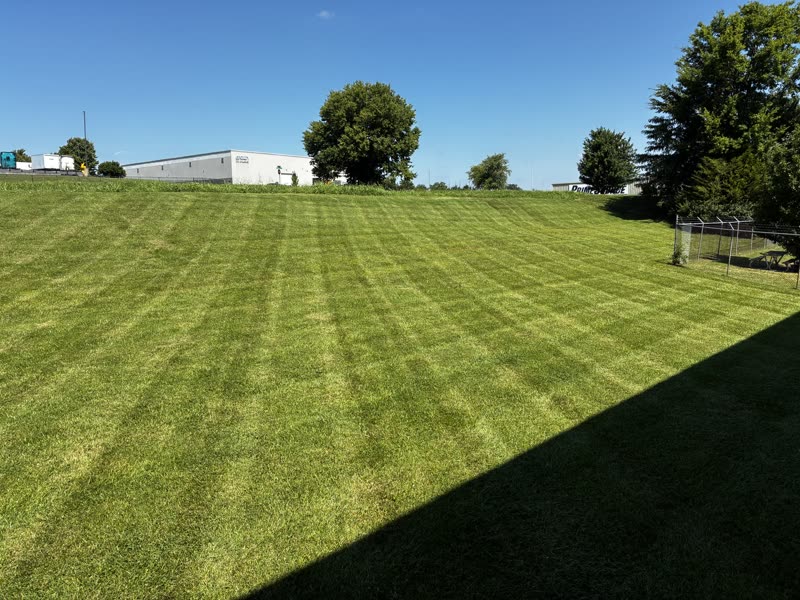 Commercial lawn in front of a white warehouse.